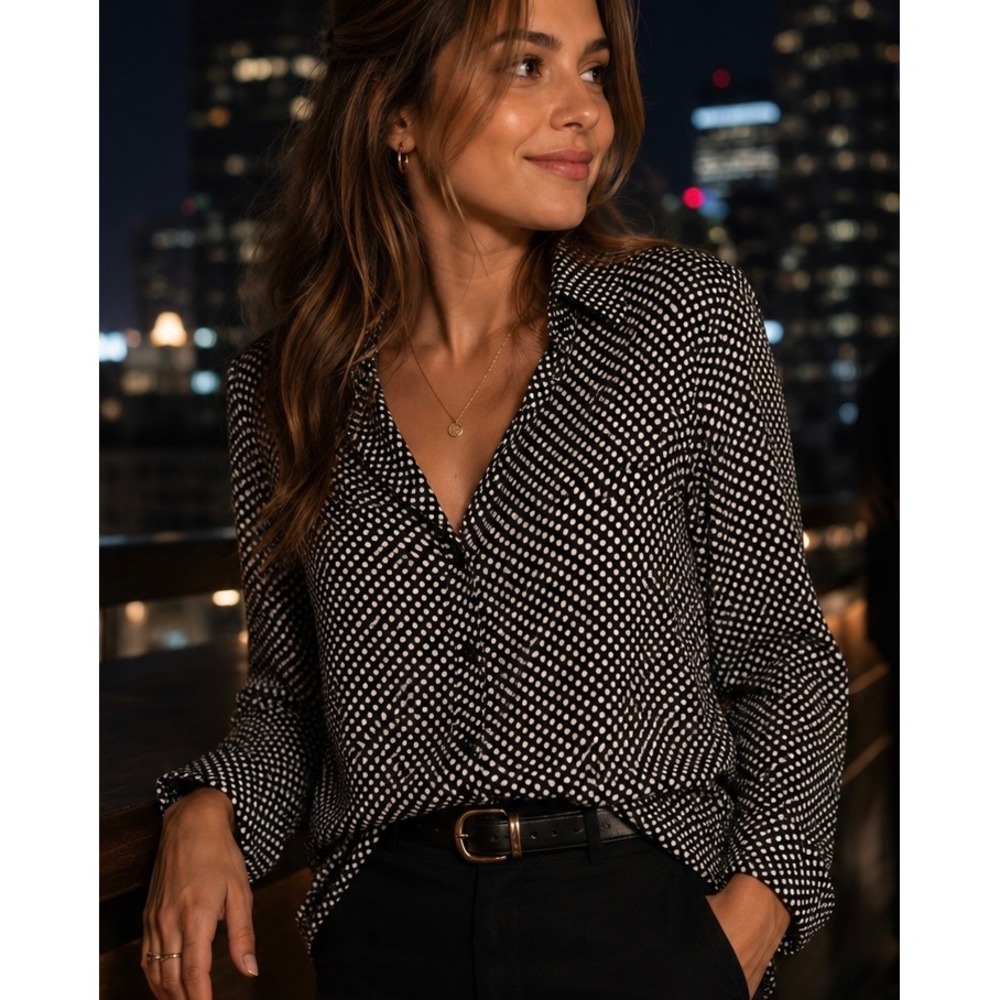 Express‎ Small Black White Polka Dot Long Sleeve Button Up Career Blouse Shirt